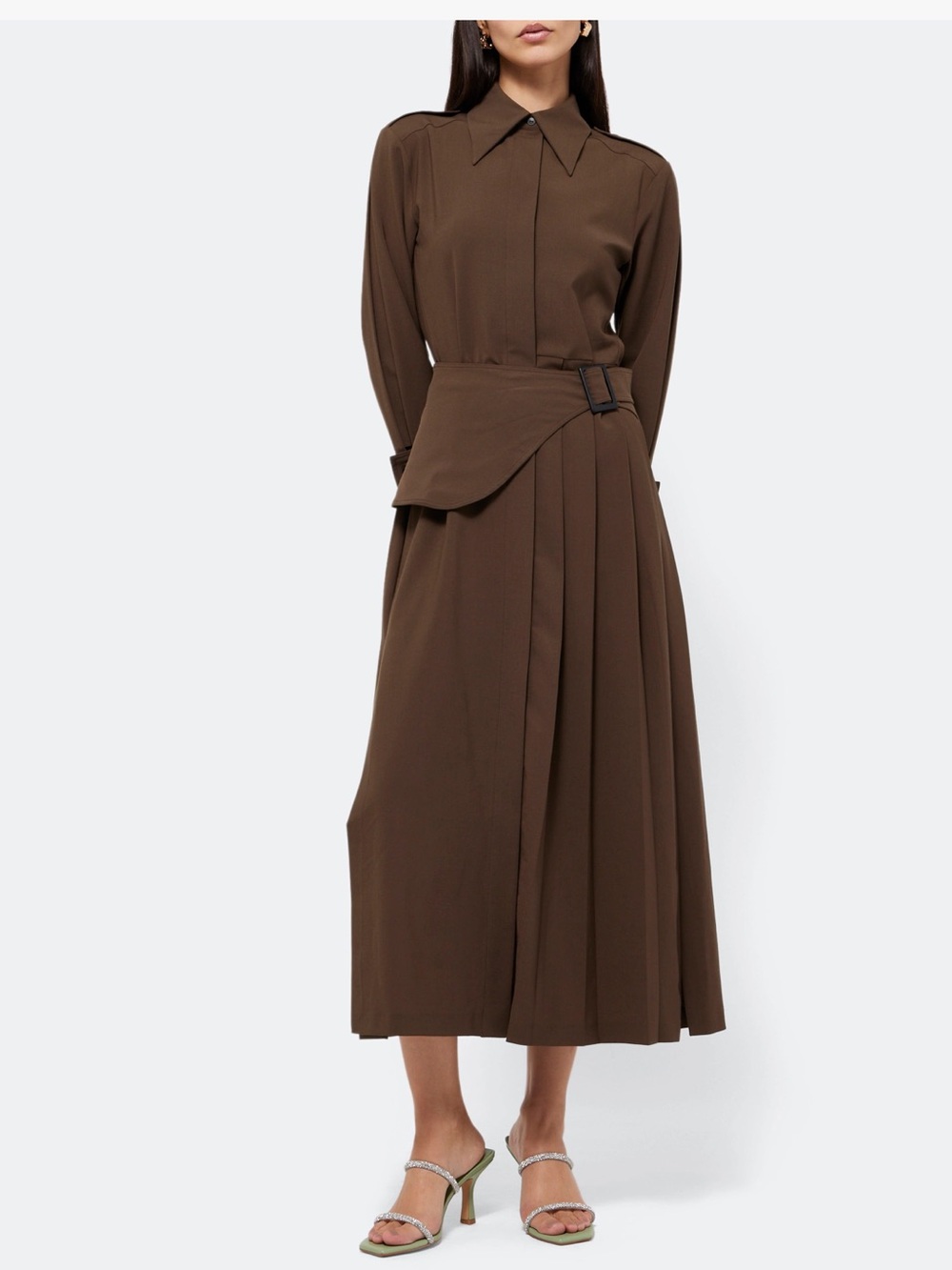 Massimo Dutti Khaki Long-Sleeve Box Pleated Midi Utility Dress